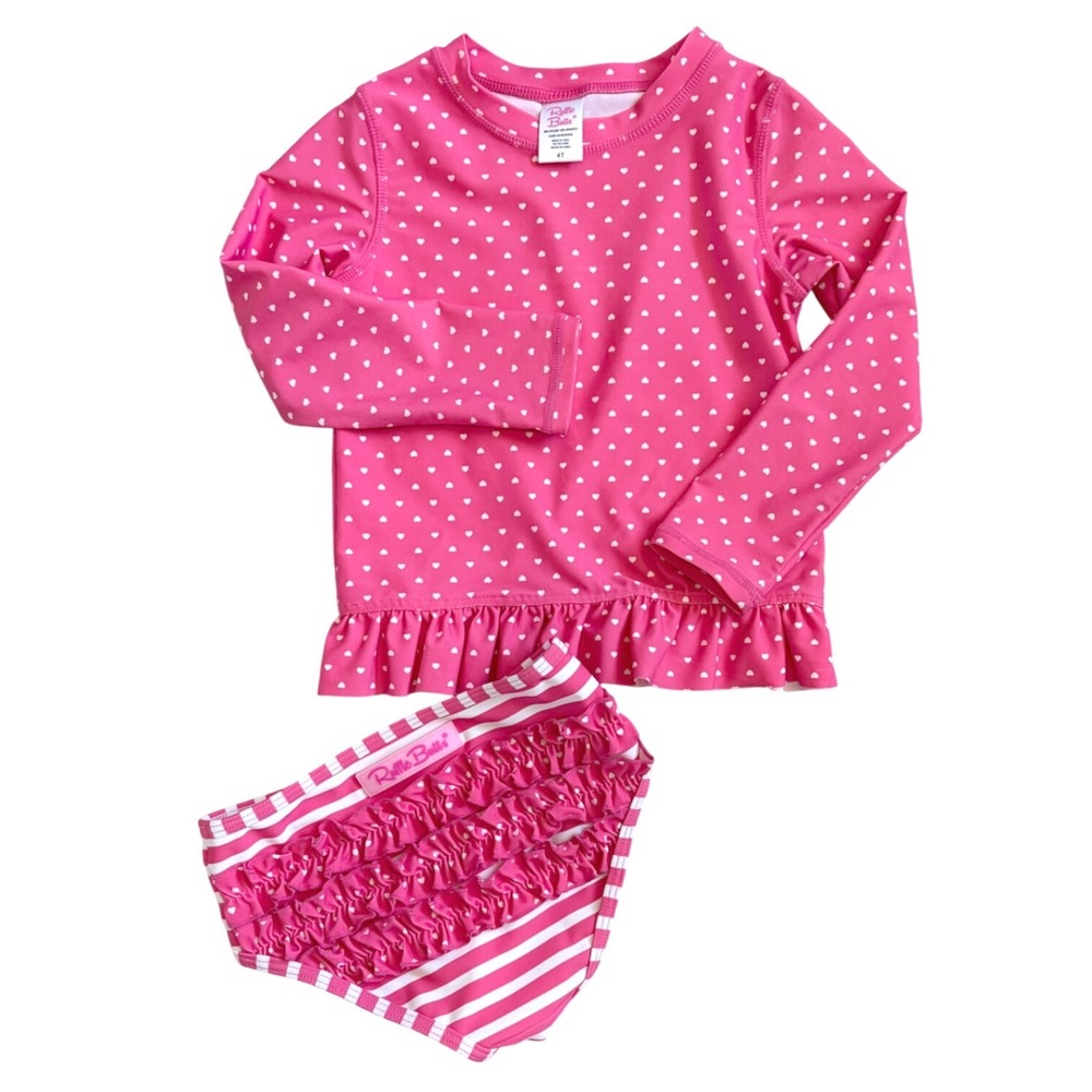 RUFFLE BUTTS Long Sleeve Rash Guard 2 Piece Swimsuit 4T Pink Hearts Stripes Twin